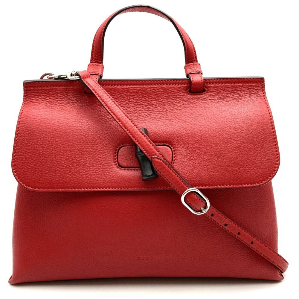 GUCCI Authentic Red Leather Bamboo Shoulder Bag